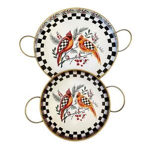 Mackenzie Child's Holiday Cardinal Round Metal Serving Trays, Set of 2 New